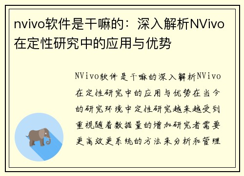 nvivo软件是干嘛的：深入解析NVivo在定性研究中的应用与优势